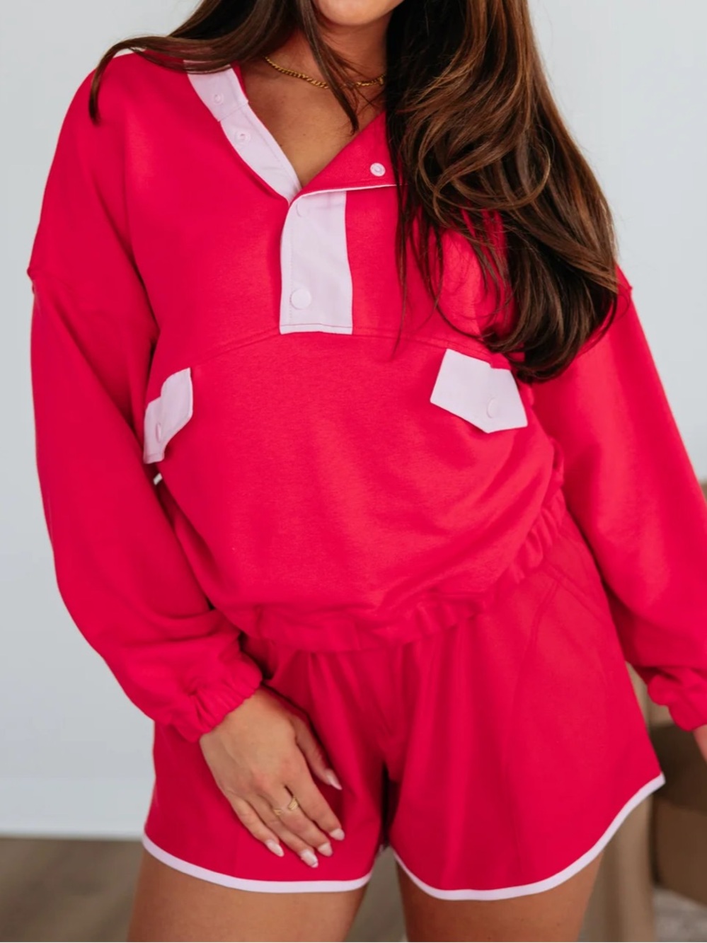 Women’s Rae Mode Pink Colorblock Button up Pullover
